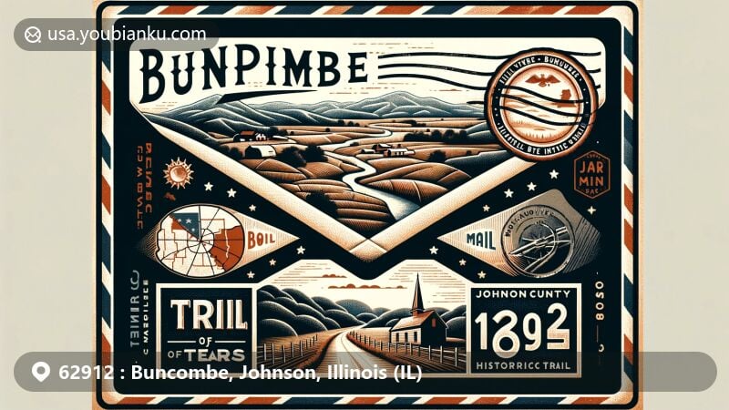 Modern illustration of Buncombe, Johnson County, Illinois, with a vintage airmail envelope featuring tranquil countryside, a map of Johnson County, and a symbol of the Trail of Tears National Historic Trail.