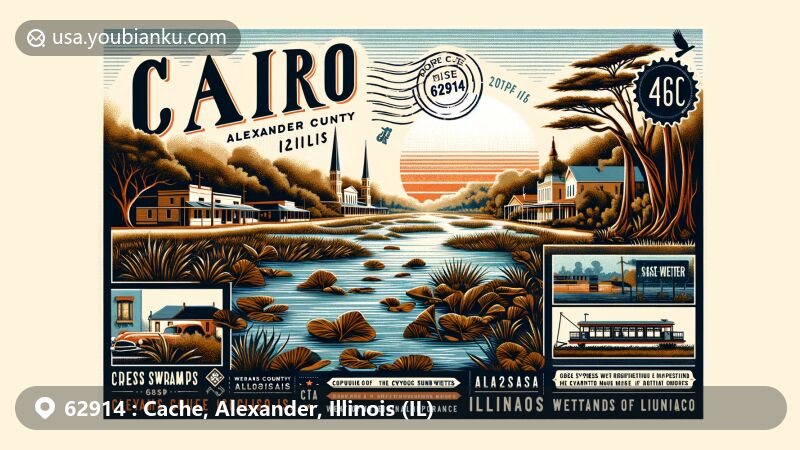 Modern illustration of Cairo, Alexander County, Illinois, featuring confluence of Ohio and Mississippi rivers, Cache River Wetlands, Civil War history, and vintage postcard design.