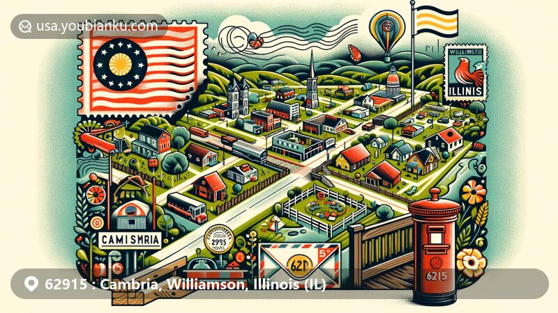 Modern illustration of Cambria, Williamson County, Illinois, showcasing village charm and community spirit, blending geographical location with postal themes, featuring symbols like Illinois state flag and James Mohan Memorial Park.