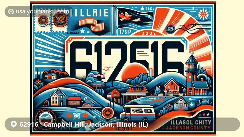 Modern illustration of Campbell Hill, Jackson County, Illinois, featuring ZIP code 62916 and local village atmosphere, Illinois state flag, and postal elements in a wide-format design.