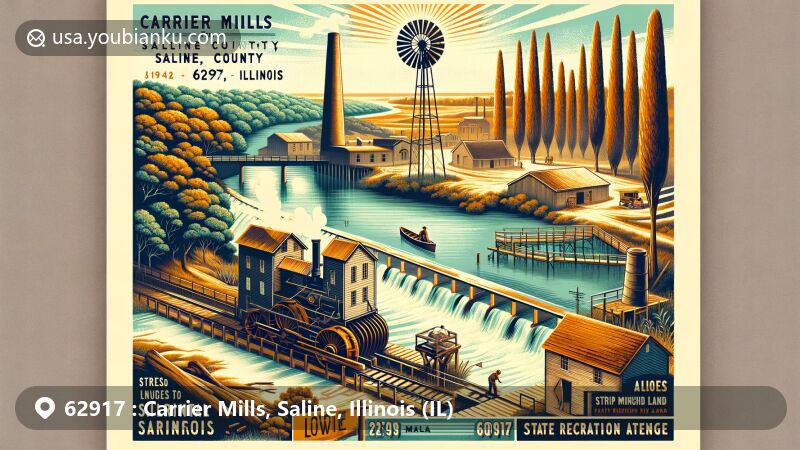 Modern illustration of Carrier Mills, Saline County, Illinois, capturing historical and geographical essence, showcasing vintage steam-powered sawmill, gristmill by Saline River, symbolizing town's founding by G. Washington Carrier, with Cypress trees and Carrier Mills Archaeological District, transition from historic to modern times, featuring Sahara Woods State Recreation Area, emphasizing transformation from strip mine land to public recreational space, incorporating postcard theme with ZIP Code 62917.