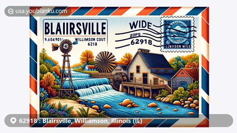 Modern illustration of Blairsville, Williamson, Illinois, showcasing postal theme with ZIP code 62918, featuring Big Muddy River, Stephen Blair's watermill, Indian burial ground, French traders, and Illinois state symbols.