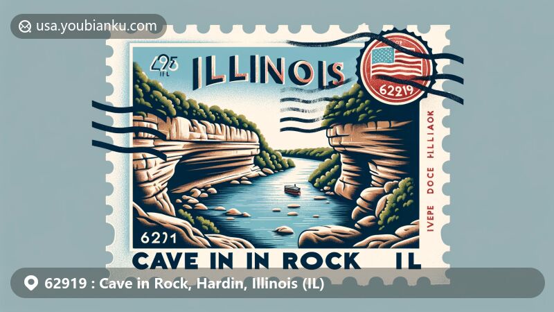 Illustration of Cave-In-Rock State Park in Illinois, featuring the famous limestone cave used by river pirates, now a highlight of the state park system, styled as a postcard with the Ohio River and cave landscape.