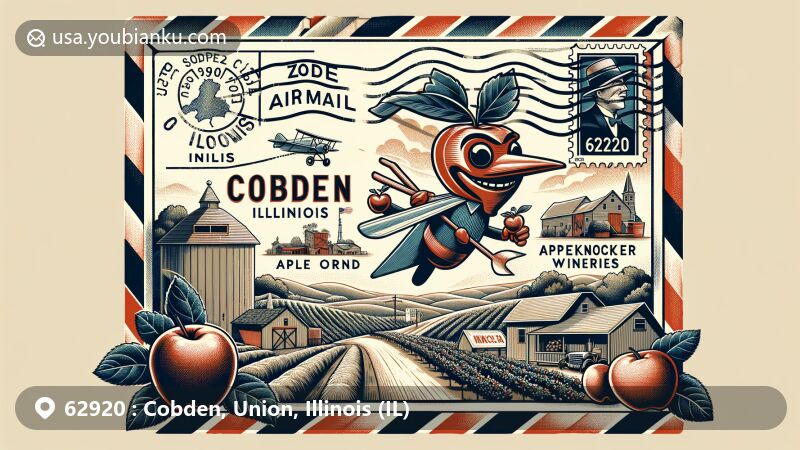 Modern illustration of Cobden, Illinois, Union County, emphasizing Appleknocker mascot, orchards, wineries, Shawnee Hills backdrop. Vintage air mail envelope with ZIP 62920, showcasing local produce like apple, peach, vineyard, map of Illinois.