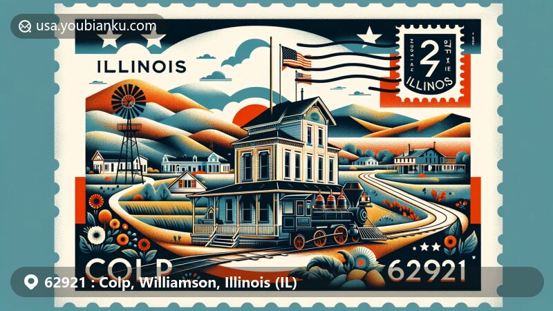 Modern illustration of Colp, Williamson County, Illinois, capturing the village's small-town charm with a vintage-style postcard or air mail envelope featuring ZIP code 62921, Illinois state flag, and mining history elements.