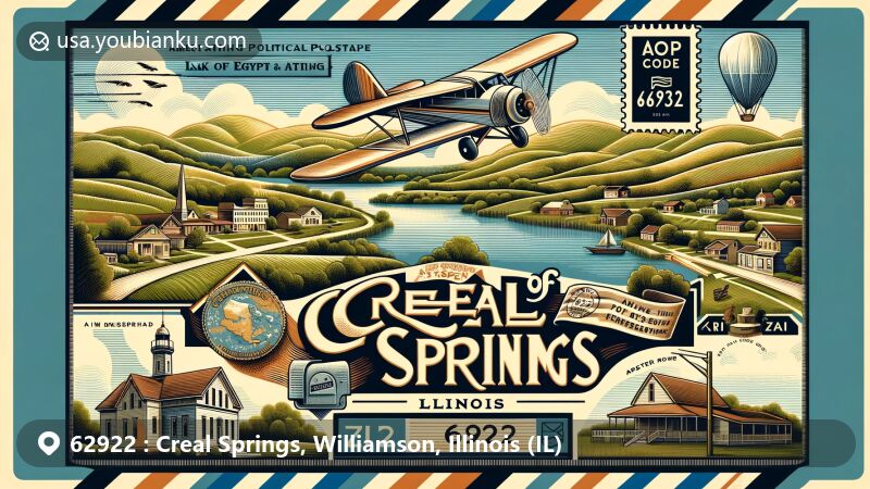 Modern illustration of Creal Springs, Williamson County, Illinois, featuring a postal theme with ZIP code 62922, showcasing Lake of Egypt and traditional postal elements.