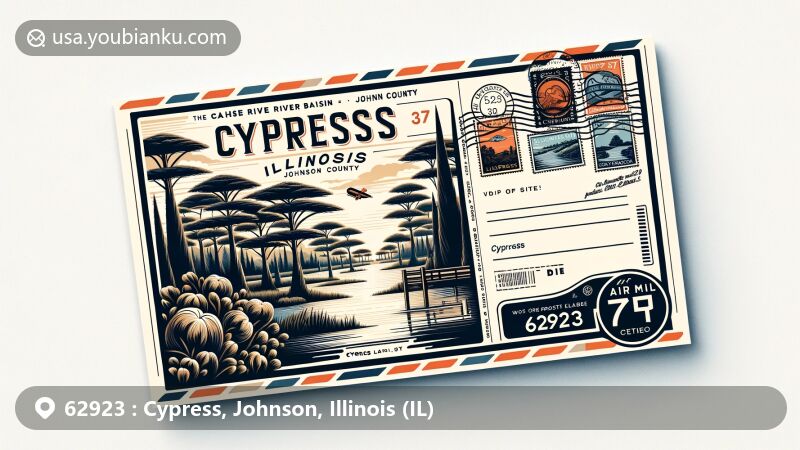 Modern illustration of Cypress, Johnson County, Illinois, featuring postal theme with ZIP code 62923, showcasing cypress trees of Cache River basin.