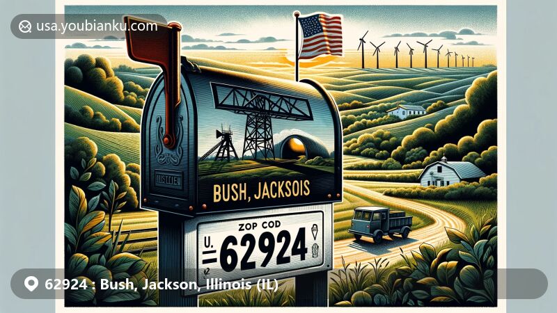 Modern illustration of Bush, Jackson County, Illinois, showcasing 62924 ZIP code area with lush landscapes, American mailbox, coal mine entrance, and Illinois state flag.