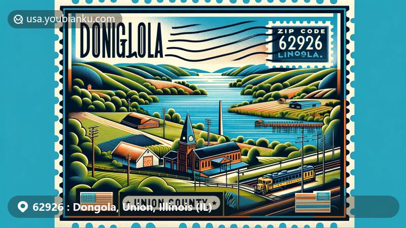 Modern illustration of Dongola, Union County, Illinois, depicting Dongola Lake and Illinois Central Railroad, with postal elements like vintage postage stamp and postmark with ZIP code 62926, capturing the area's natural beauty and historical significance.