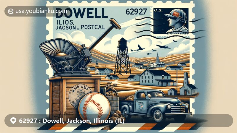 Modern illustration of Dowell, Illinois, blending historical and cultural aspects with American postal elements, featuring mining relics, baseball symbols, rural scenery, '62927 Dowell, IL' on an airmail envelope, Illinois state flag stamp, Jackson County outline, postmark, and mailbox.