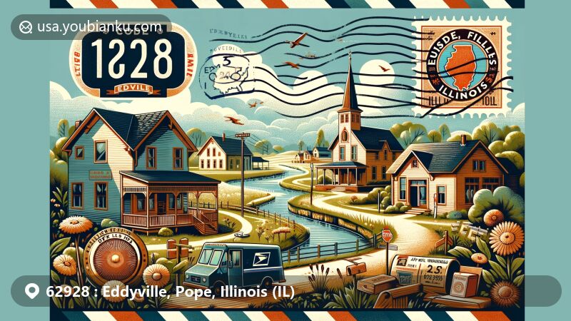 Modern illustration of Eddyville, Pope County, Illinois, showcasing postal theme with ZIP code 62928, featuring Burden Falls Wilderness and Lusk Creek Wilderness.