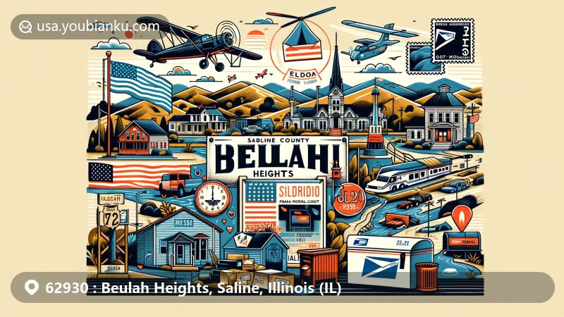 Modern illustration of Beulah Heights, Saline County, Illinois, blending unique local features with postal elements, showcasing airmail envelope, postage stamps, postmark with ZIP code 62930, mailbox, and postal vehicle.