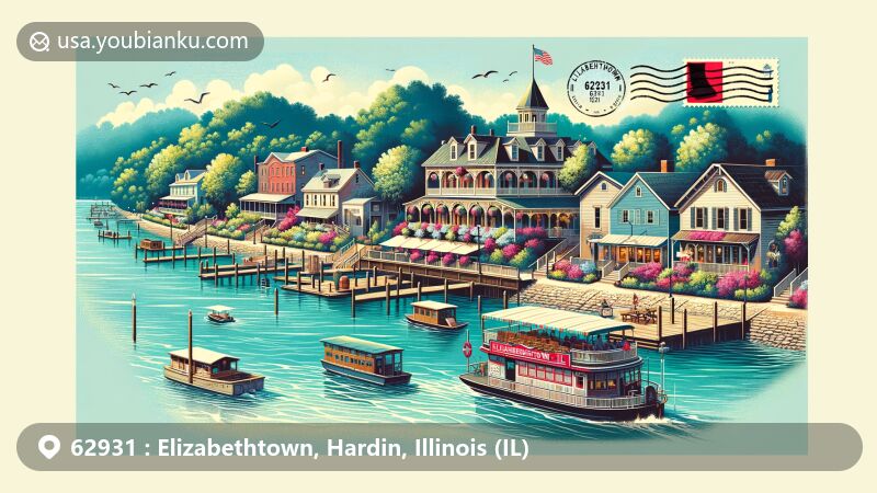 Modern illustration of Elizabethtown, Illinois, showcasing scenic Ohio River waterfront, historic Rose Hotel, and unique floating restaurant, with postal elements like postcard layout, stamp, postmark, and mailbox.