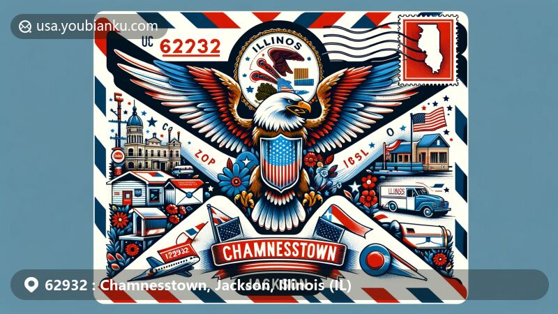 Creative and modern illustration of Chamnesstown, Jackson, Illinois, mimicking a vintage airmail envelope with the Illinois state flag, local symbols, and postal theme.