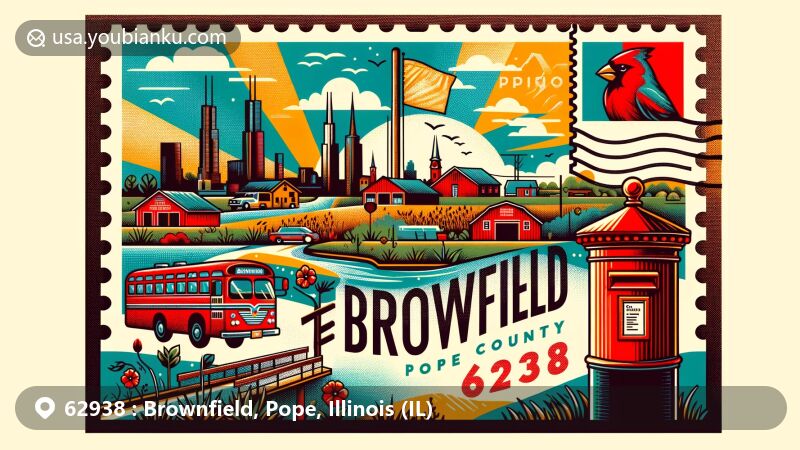 Modern illustration of Brownfield, Pope County, Illinois, highlighting ZIP code 62938 with creative postcard design incorporating local elements and iconic Illinois symbols.