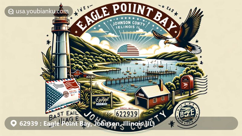 Modern illustration of Eagle Point Bay, Johnson County, Illinois, featuring scenic Lake of Egypt and vintage postal theme with Illinois state flag stamp, 'Eagle Point Bay, 62939, IL' postal mark, and classic red mailbox.