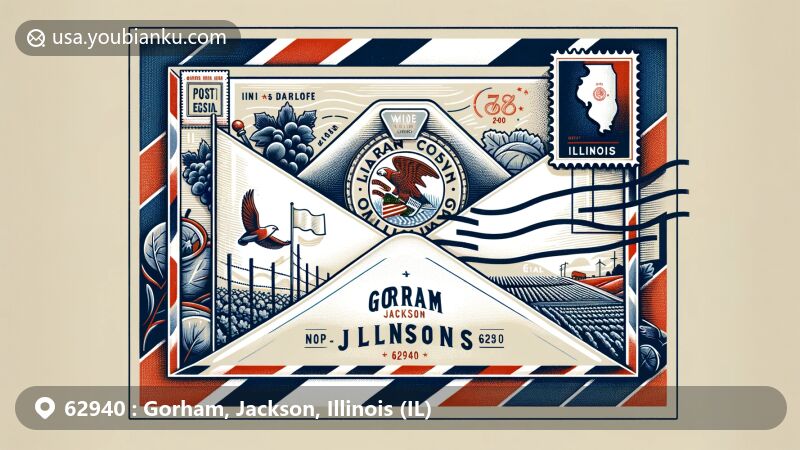 Creative interpretation of Gorham, Jackson County, Illinois, in ZIP code 62940, featuring air mail envelope with Illinois state flag postcard, vineyards, and postal elements.