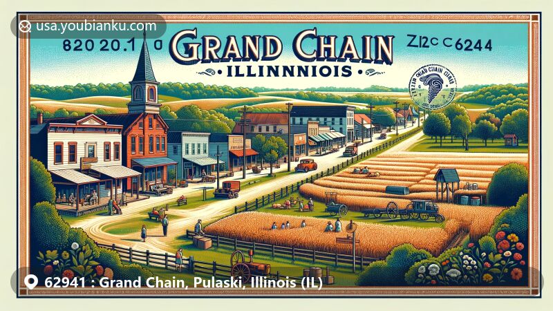 Modern illustration of Grand Chain, Illinois, showcasing tranquil village life with rolling fields, quaint shops, and local residents enjoying outdoor activities, against backdrop of southern Illinois' natural beauty.