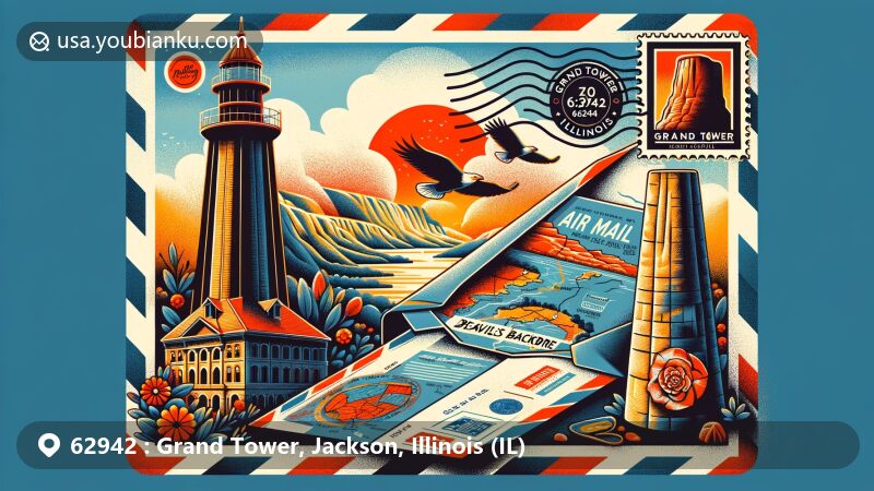 Modern illustration of Grand Tower, Jackson County, Illinois, featuring air mail envelope with postal elements and iconic landmarks like Tower Rock and Devil’s Backbone Park.