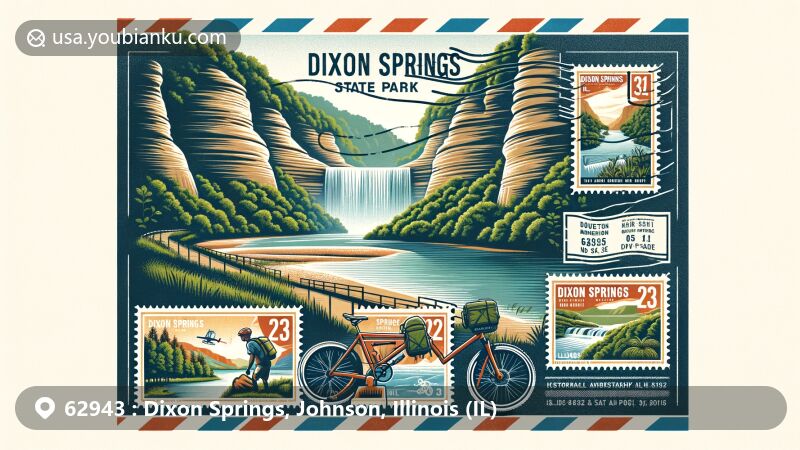 Modern illustration of Dixon Springs, Johnson County, Illinois, highlighting natural beauty of Dixon Springs State Park with sandstone cliffs, waterfalls, forests, hiking, and mountain biking elements, in a wide-format style.