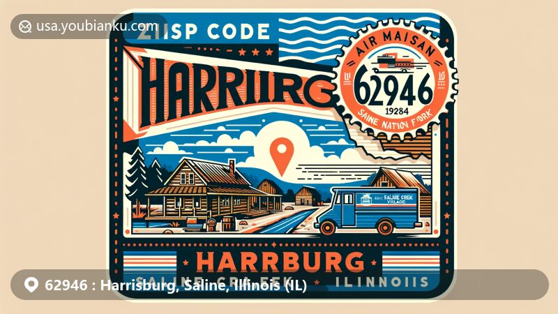 Modern illustration of Harrisburg, Saline County, Illinois, showcasing postal theme with ZIP code 62946, featuring Saline Creek Pioneer Village and Illinois state outline.