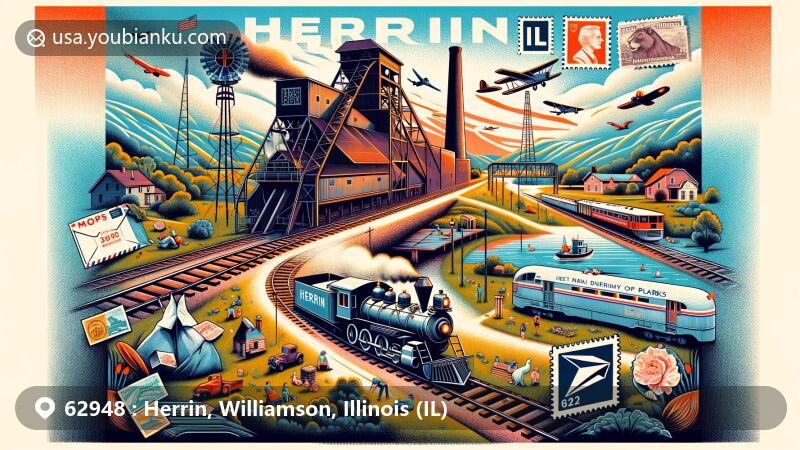 Historical and postal-themed illustration of Herrin, Illinois, featuring ZIP code 62948, showcasing local landmarks and historical significance.