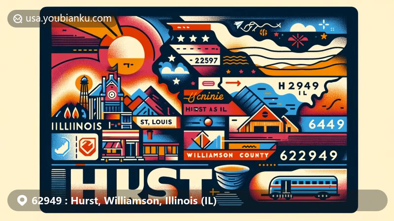 Modern illustration of Hurst, Illinois, in Williamson County, showcasing postal theme with ZIP code 62949, featuring silhouette of Illinois, Williamson County outline, and references to city's founding in 1903.