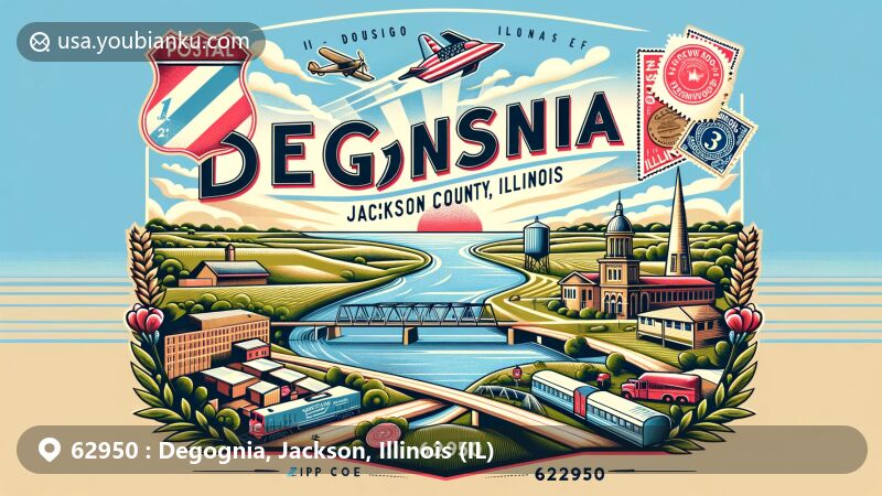 Modern illustration of Degognia, Jackson County, Illinois, showcasing postal theme with ZIP code 62950, featuring Mississippi River and Illinois Route 3.
