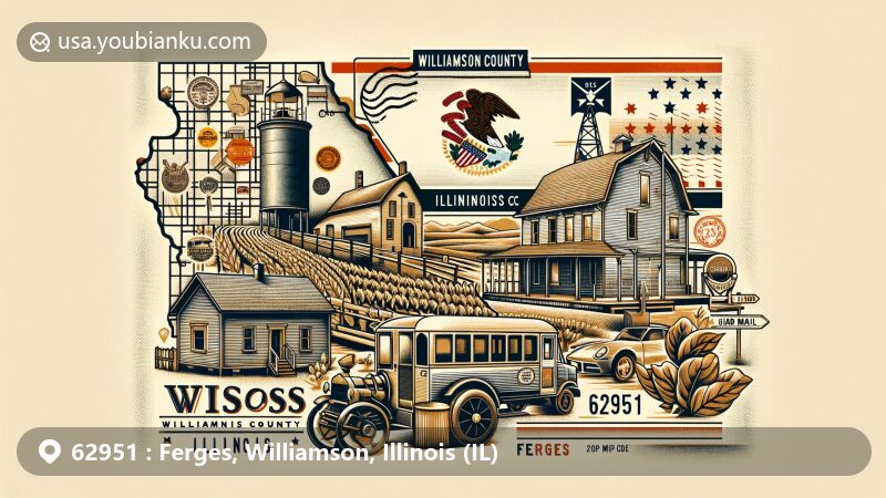 Modern illustration of Ferges, Williamson County, Illinois, featuring a postal theme with ZIP code 62951, integrating the Illinois state flag, county outline, farmland, historical buildings, air mail envelope, postmark, and postal stamps.