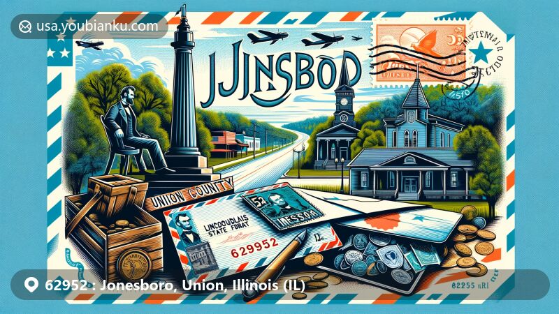 Modern illustration of Jonesboro, Union County, Illinois, highlighting postal theme with ZIP code 62952, featuring Trail of Tears State Forest and vintage air mail envelope with stamp of the third Lincoln-Douglas debate site.