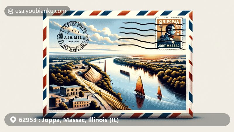 Creative illustration of Joppa, Illinois, featuring Ohio River, Fort Massac, and Kincaid Mounds in an air mail envelope design.