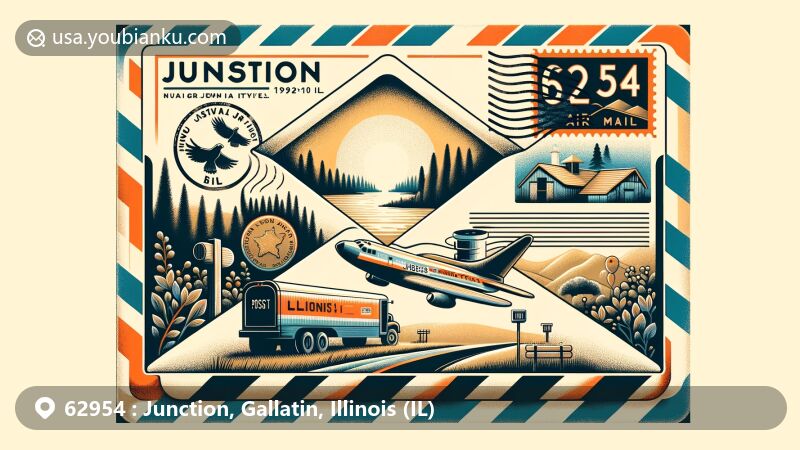 Artistic depiction of Junction, Illinois, blending natural beauty with postal references, showcasing Shawnee National Forest, Saline River, and the 62954 area, including Illinois state flag and vintage air mail elements.