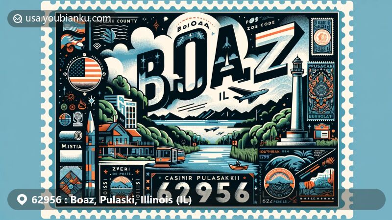 Modern illustration of Boaz, Pulaski County, Illinois, highlighting ZIP code 62956, depicting the Cache River basin and Southern Illinois's natural beauty, featuring postal motifs and Casimir Pulaski symbolism.