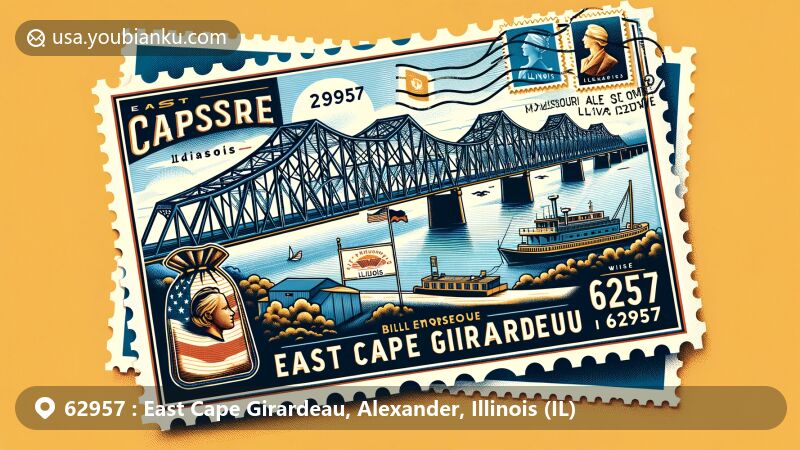 Illustration depicting East Cape Girardeau, Illinois, associated with postal theme featuring ZIP code 62957, showcasing the iconic Bill Emerson Memorial Bridge symbolizing the connection between Missouri and Illinois, incorporating elements of the Illinois state flag and Alexander County outline.
