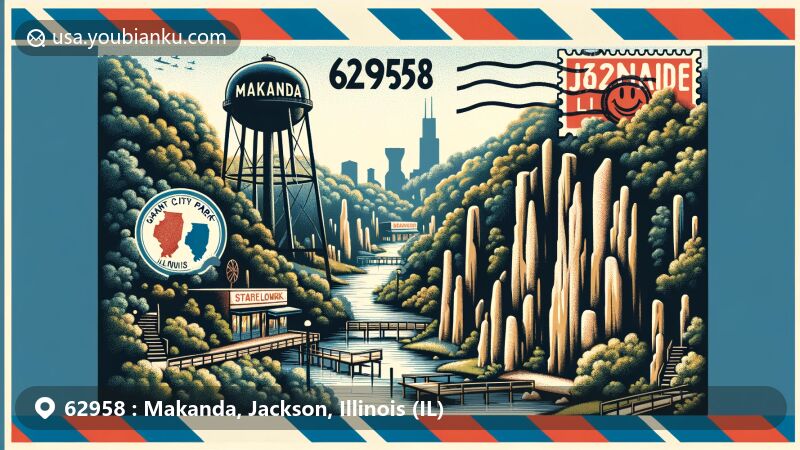 Modern illustration of Makanda, Jackson County, Illinois, showcasing natural beauty and cultural features with Giant City State Park, Makanda Boardwalk, and vintage postcard elements, including Smiley Face Water Tower and Illinois silhouette.