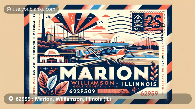 Contemporary illustration of Marion, Williamson County, Illinois, featuring aviation-themed envelope with vintage airmail design, showcasing landmarks like Rent One Park and Kokopelli Golf Club, along with local nature elements.