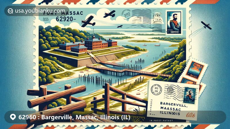 Modern illustration of Fort Massac State Park replica and Ohio River in Bargerville, Massac, Illinois, showcasing postal theme with ZIP code 62960, featuring air mail envelope, stamps, postmarks, and Fort Massac image.