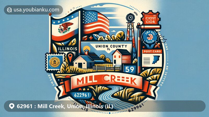 Modern illustration of Mill Creek, Union County, Illinois, featuring Illinois state flag, Union County outline, and rural landscape, designed in postcard theme with airmail elements and 'Mill Creek, IL 62961' postal mark.