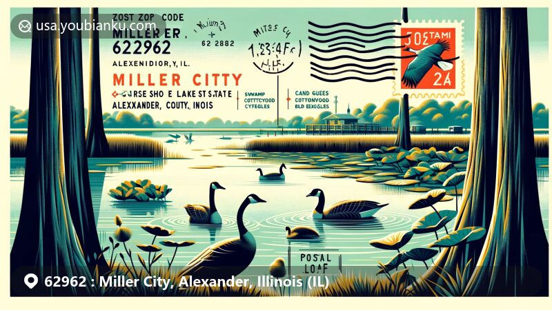 Modern illustration of Miller City, Alexander County, Illinois, incorporating ZIP code 62962, featuring Horseshoe Lake State Conservation Area with tupelo, swamp cottonwood, and cypress trees, known for Canadian geese and bald eagles.