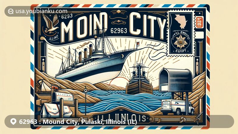 Modern illustration of Mound City, Pulaski County, Illinois, highlighting ZIP code 62963 with airmail envelope, USS Cairo, and Illinois state flag on postage stamp.
