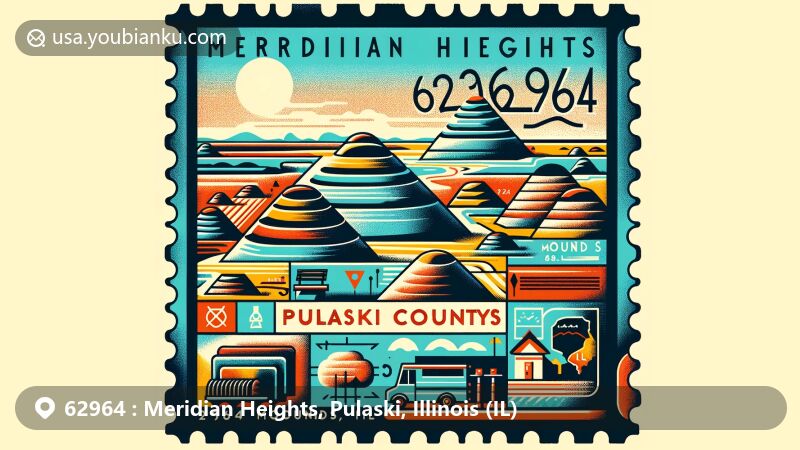Modern illustration of Meridian Heights, Pulaski County, Illinois, portraying a postcard-style design with ZIP code 62964, featuring Mounds city and postal symbols.