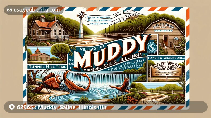 Modern illustration of Muddy, Saline County, Illinois, embodying village life and nature on the Tunnel Hill State Trail, showcasing Illinois Salines and Sahara Woods State Fish & Wildlife Area.