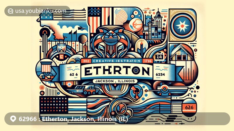 Modern illustration of Etherton, Jackson County, Illinois, showcasing postal theme with ZIP code 62966, featuring creatively designed postcard marked with '62966 Etherton, IL' and postage stamp.