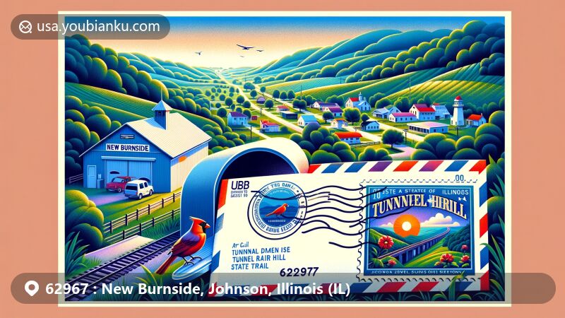 Modern illustration of New Burnside, Illinois, in Johnson County, highlighting postal theme with ZIP code 62967, featuring Tunnel Hill State Trail and Illinois state symbols like the state flag, cardinal, and violet.