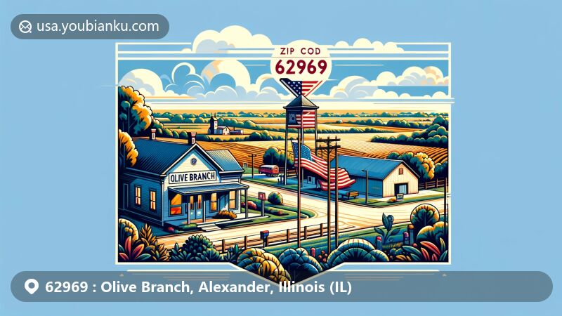 Modern illustration of Olive Branch, Alexander County, Illinois, capturing the essence of the unincorporated census-designated place with a population of around 650. Features local post office, rural charm, and natural beauty.