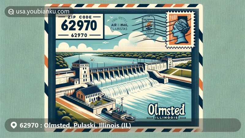 Modern illustration of Olmsted, Illinois, highlighting postal theme with ZIP code 62970, featuring Ohio River, Olmsted locks and dam, and Pulaski County outline.
