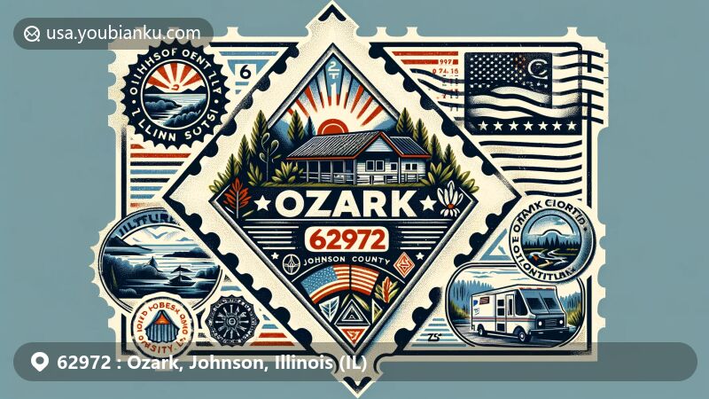 Modern illustration of Ozark, Johnson County, Illinois, showcasing postal theme with ZIP code 62972, featuring local natural beauty and Camp Ondessonk.