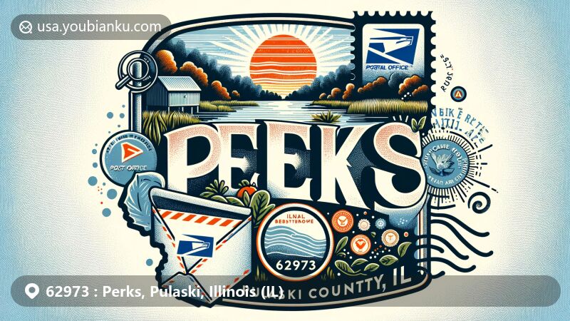 Modern illustration of Perks, Illinois, showcasing natural beauty with Cache River State Natural Area, featuring postal elements like airmail envelope, postal office emblem, mailbox, and postmarks.