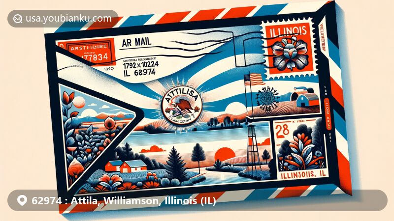 Creative illustration of an air mail envelope with a postcard representing the Attila region in Southern Illinois, showcasing the state flag, natural landscapes, and agricultural heritage.