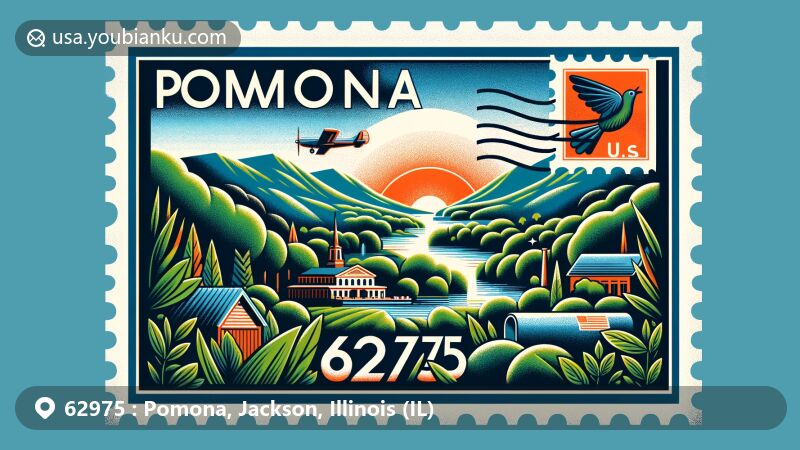 Creative illustration of Pomona area in Jackson County, Illinois, resembling an air mail envelope with ZIP code 62975, featuring Shawnee National Forest landscapes and local wildlife.